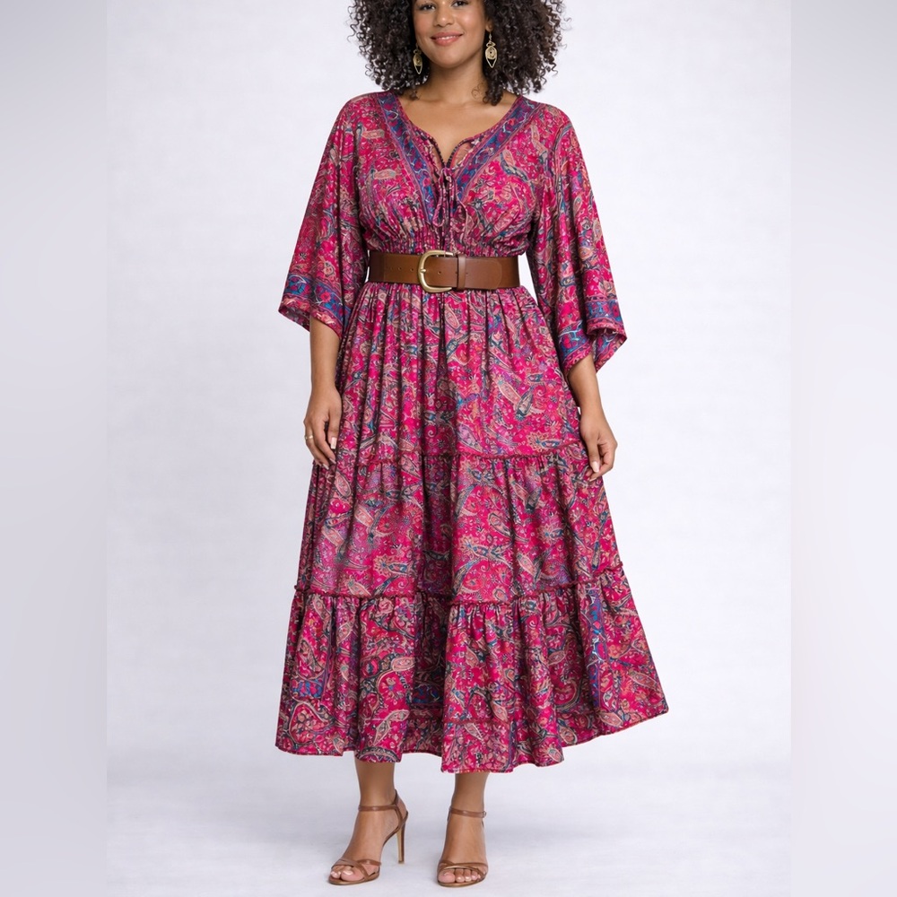 Vintage Silk Boho Maxi Dress Pink Paisley Kimono Sleeve Festival Dress OS-Flawed